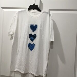 NWT Women’s White T-Shirt with Blue Heart Trio